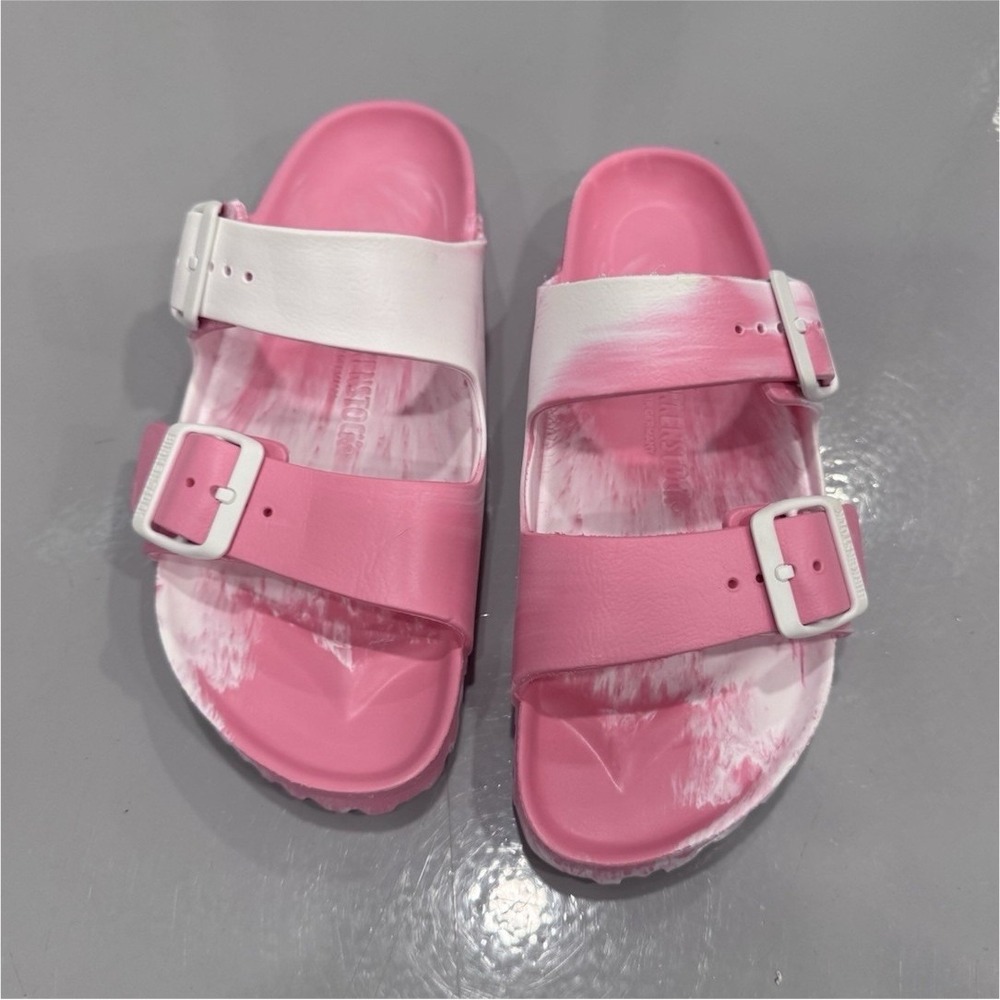 Birkenstock Women's Pink/White Marbled Two-Strap Buckle Slide Sandals EU 38